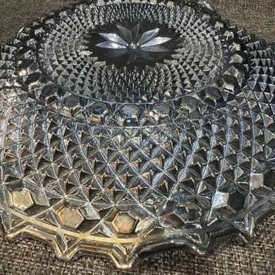 Glows Indiana Glass Windsor Blue Carnival Glass Diamond Point Ruffled Bowl Tray - Thumbnail 3
