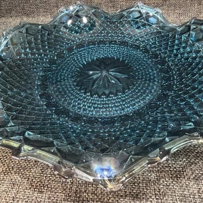Glows Indiana Glass Windsor Blue Carnival Glass Diamond Point Ruffled Bowl Tray - Thumbnail 5