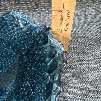 Glows Indiana Glass Windsor Blue Carnival Glass Diamond Point Ruffled Bowl Tray - Thumbnail 9