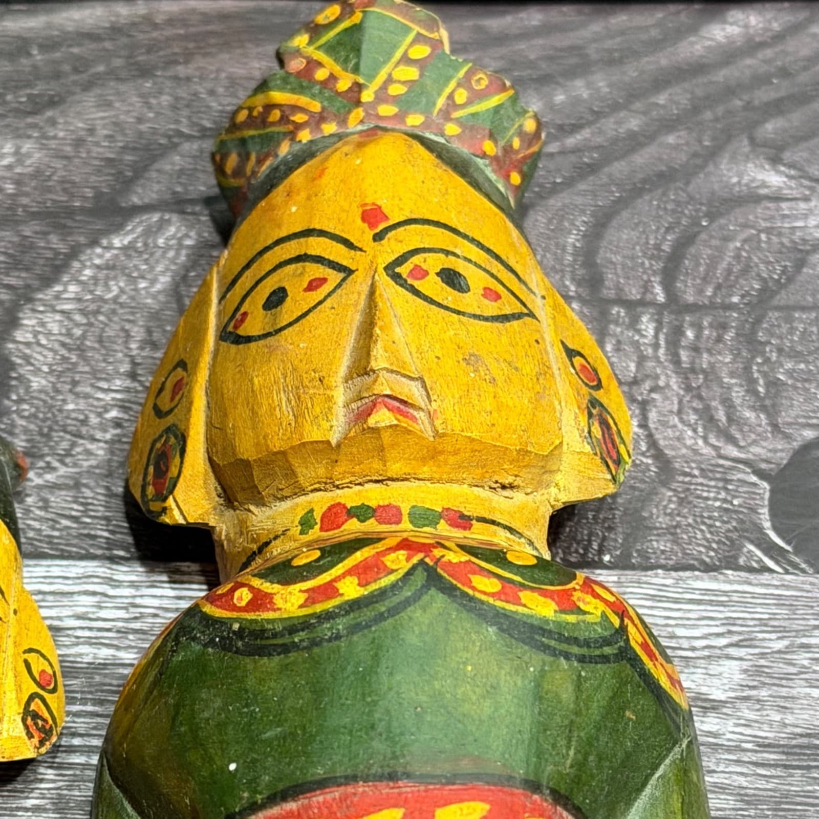 Hand-Painted Vintage Wooden Figurines In Folk Art Style - Set Of 2 Green & Yello - Thumbnail 6