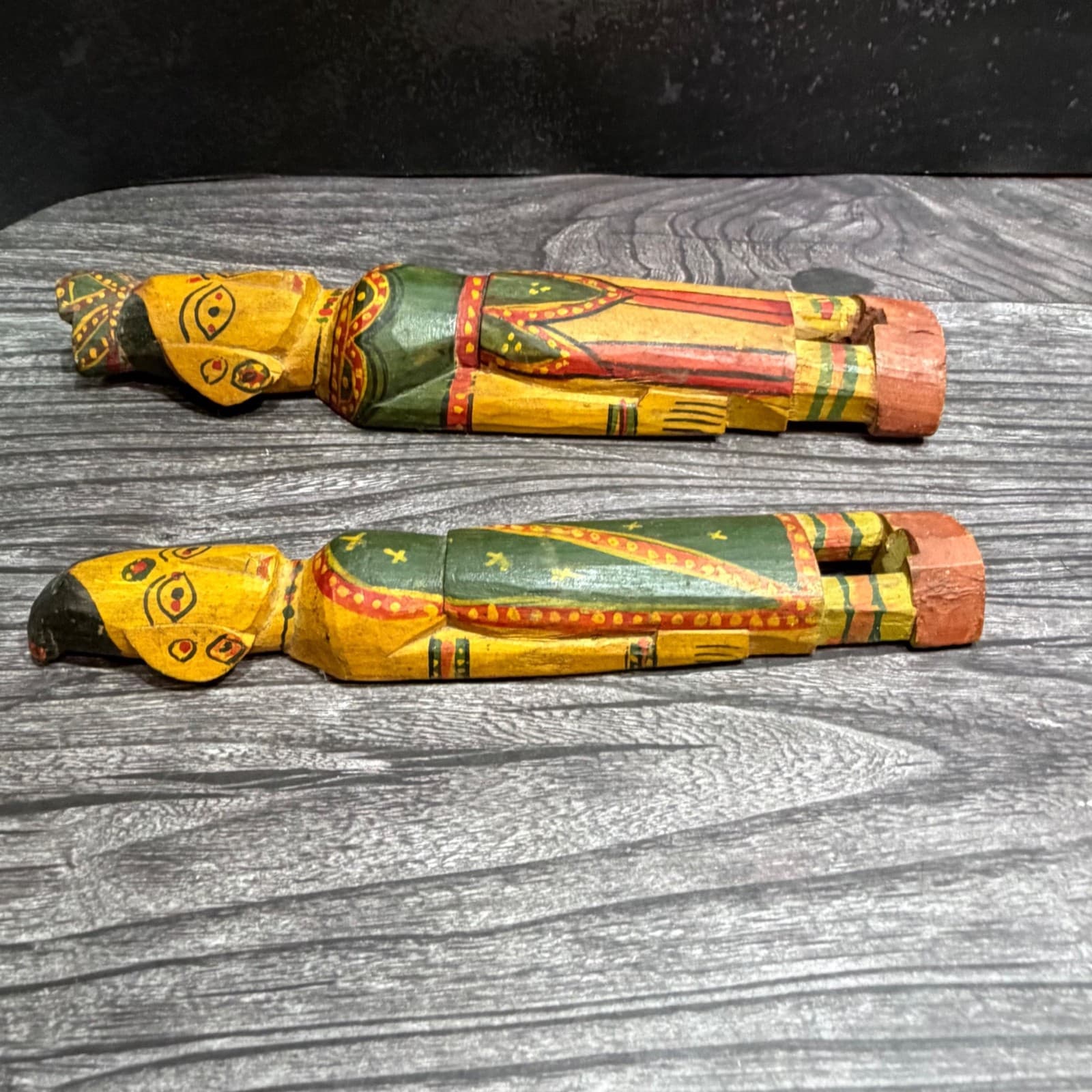 Hand-Painted Vintage Wooden Figurines In Folk Art Style - Set Of 2 Green & Yello - Thumbnail 9