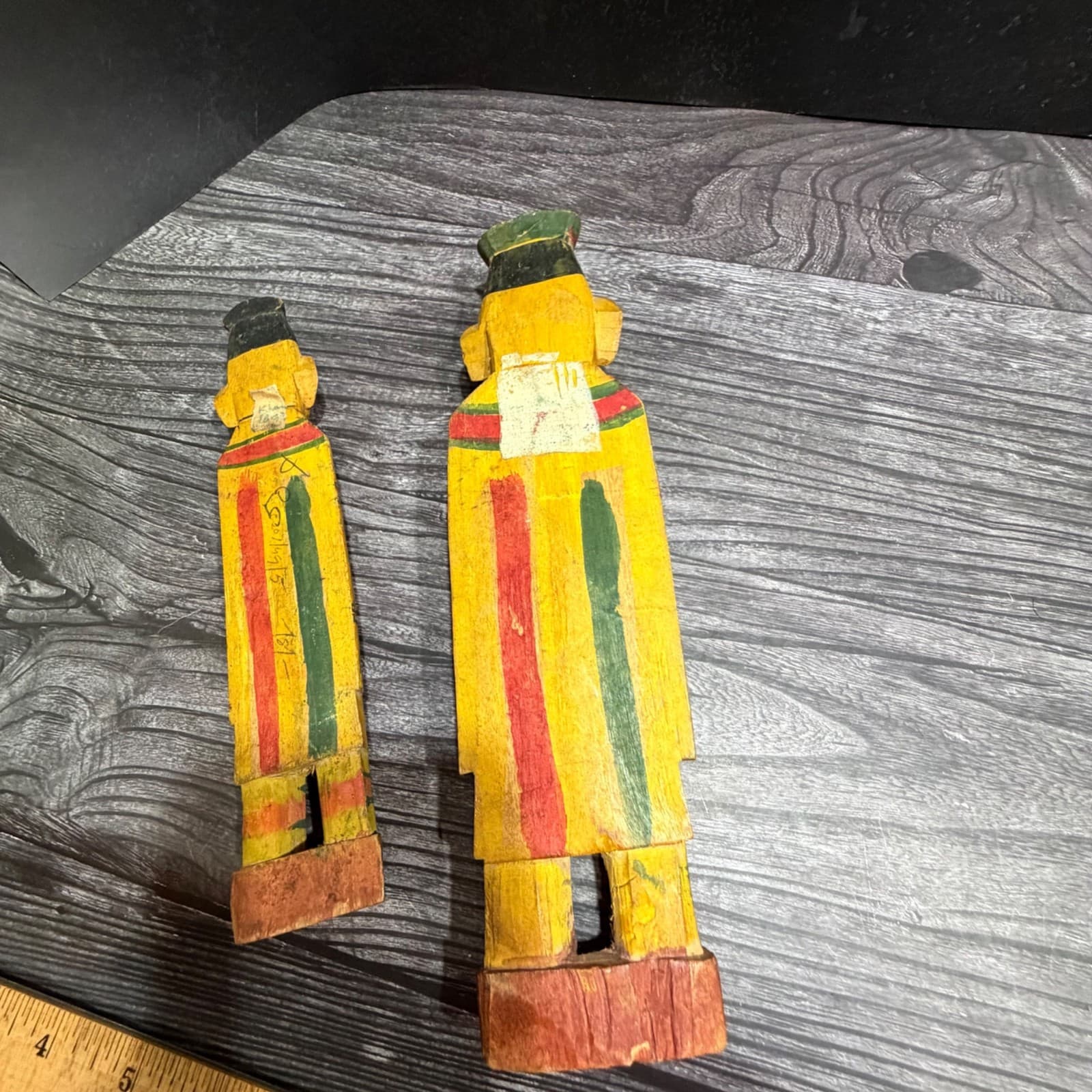 Hand-Painted Vintage Wooden Figurines In Folk Art Style - Set Of 2 Green & Yello - Thumbnail 11