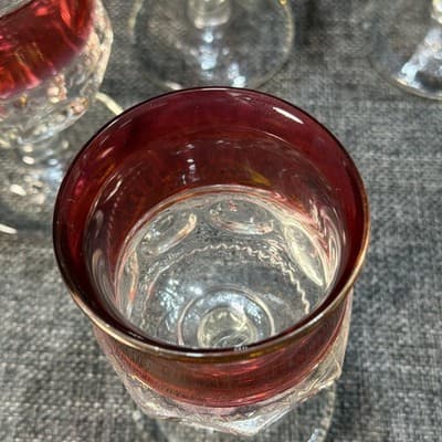 Set Of 6 Vintage Tiffin Kings Crown Ruby Red Flash Thumbprint Goblet Glass 4.25” - Thumbnail 5