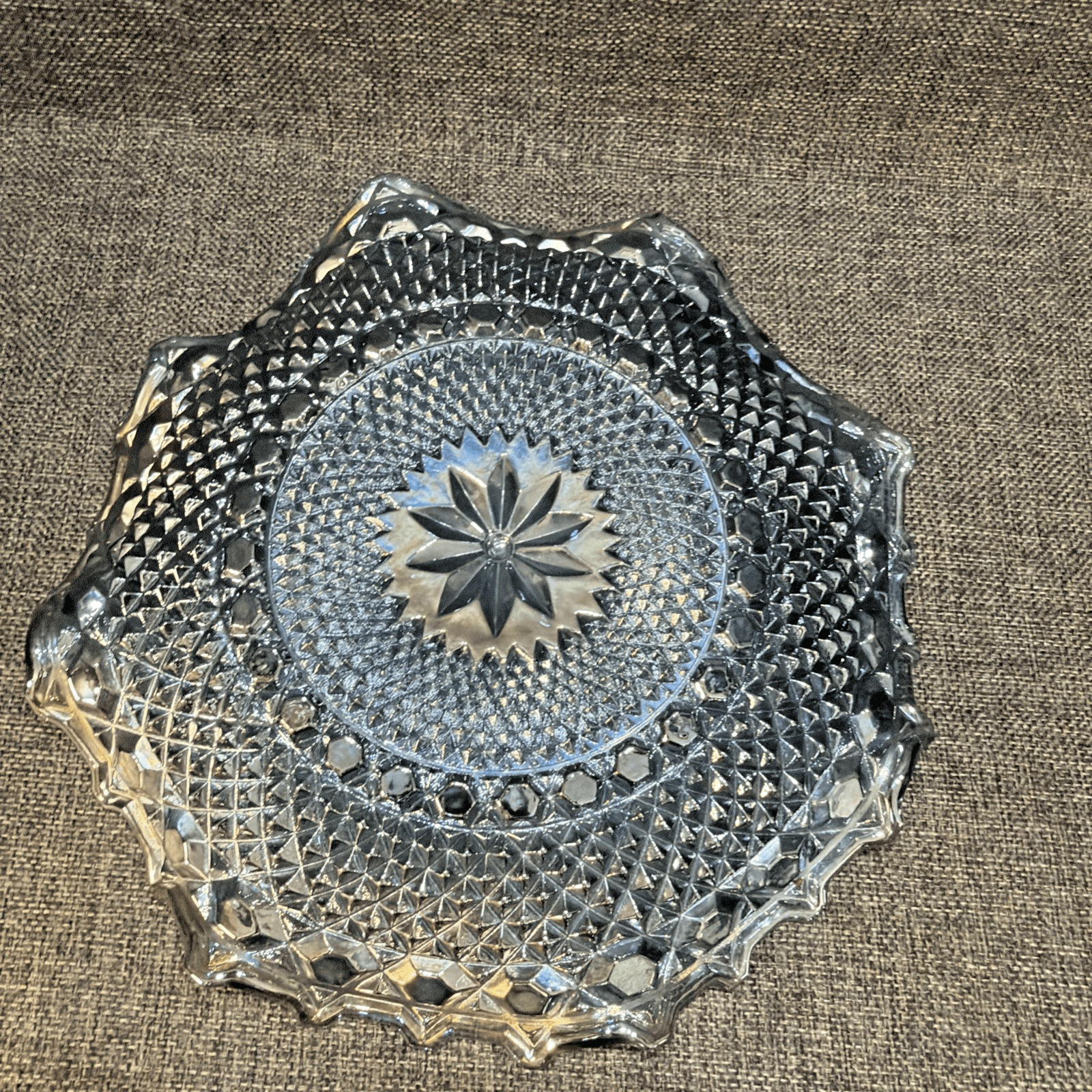 Glows Indiana Glass Windsor Blue Carnival Glass Diamond Point Ruffled Bowl Tray - Thumbnail 2