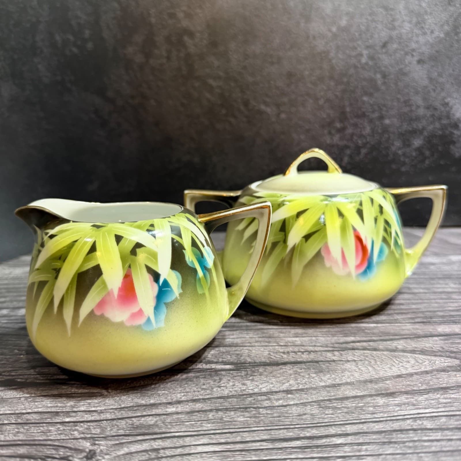 Hand-Painted Meito China VTG Porcelain Cream & Sugar Set Bamboo & Floral Design
