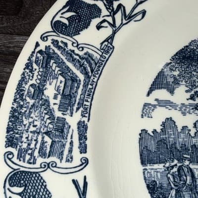 VTG Set 6 Blue Transferware Findlay Ohio Old Mill Stream Plate College Music - Thumbnail 3