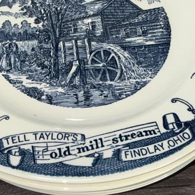 VTG Set 6 Blue Transferware Findlay Ohio Old Mill Stream Plate College Music - Thumbnail 7