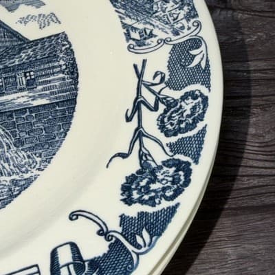 VTG Set 6 Blue Transferware Findlay Ohio Old Mill Stream Plate College Music - Thumbnail 6