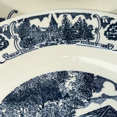 VTG Set 6 Blue Transferware Findlay Ohio Old Mill Stream Plate College Music - Thumbnail 4