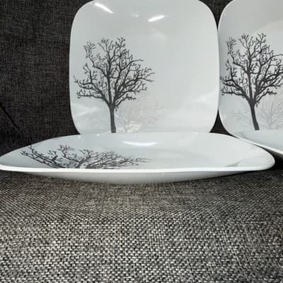 4 Corelle Timber Shadows 10.5 " Square Dinner Plates Black Gray Tree Deep - Thumbnail 5