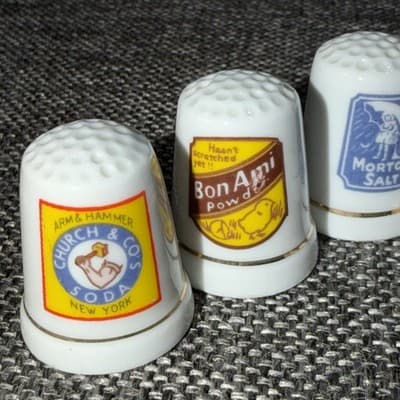 6 Porcelain Thimbles- Morton salt, Campbells, Coca Cola, Bon Ami, A&H and Ivory - Thumbnail 2