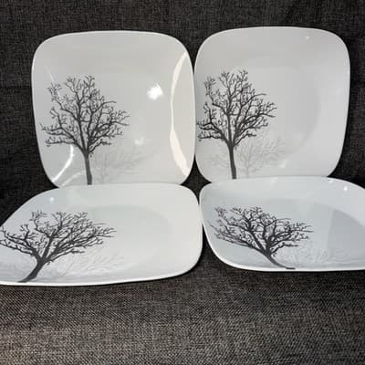4 Corelle Timber Shadows 10.5 " Square Dinner Plates Black Gray Tree Deep
