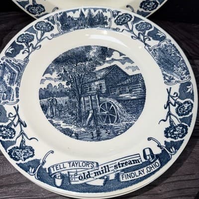 VTG Set 6 Blue Transferware Findlay Ohio Old Mill Stream Plate College Music - Thumbnail 2