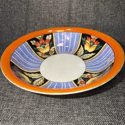 Vintage Japanese Lusterware Porcelain Bowl Art Deco Floral Orange Blue Sakura 9”