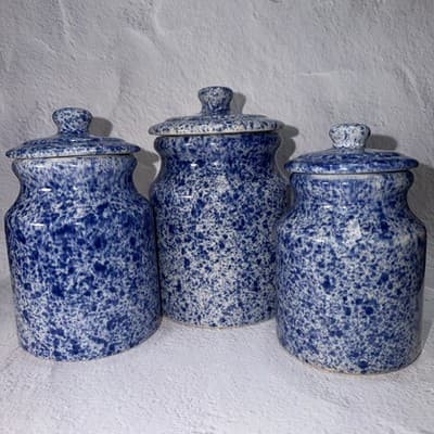 Set of 3 Spongeware Blue Ceramic Canisters Speckled Farm Style Small Medium Larg