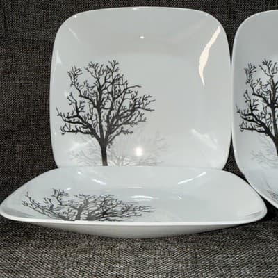 4 Corelle Timber Shadows 9” Square Dinner Lunch Salad Plates Black Gray Trees - Thumbnail 4