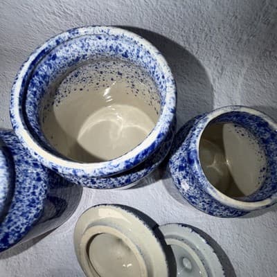 Set of 3 Spongeware Blue Ceramic Canisters Speckled Farm Style Small Medium Larg - Thumbnail 7