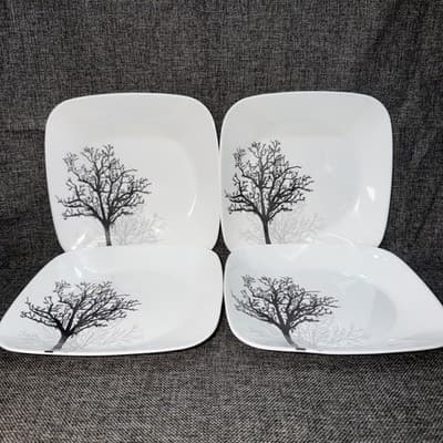 4 Corelle Timber Shadows 9” Square Dinner Lunch Salad Plates Black Gray Trees