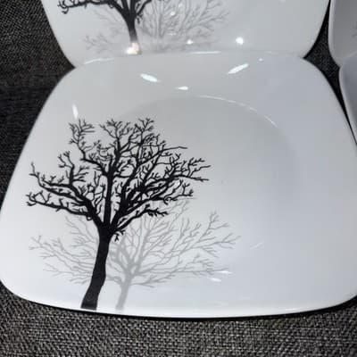 4 Corelle Timber Shadows 9” Square Dinner Lunch Salad Plates Black Gray Trees - Thumbnail 2