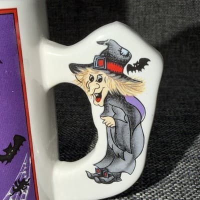 Vintage Halloween Coffee Tea Mug Ceramic Flying Witch Broom Bats Witch Handle - Thumbnail 2