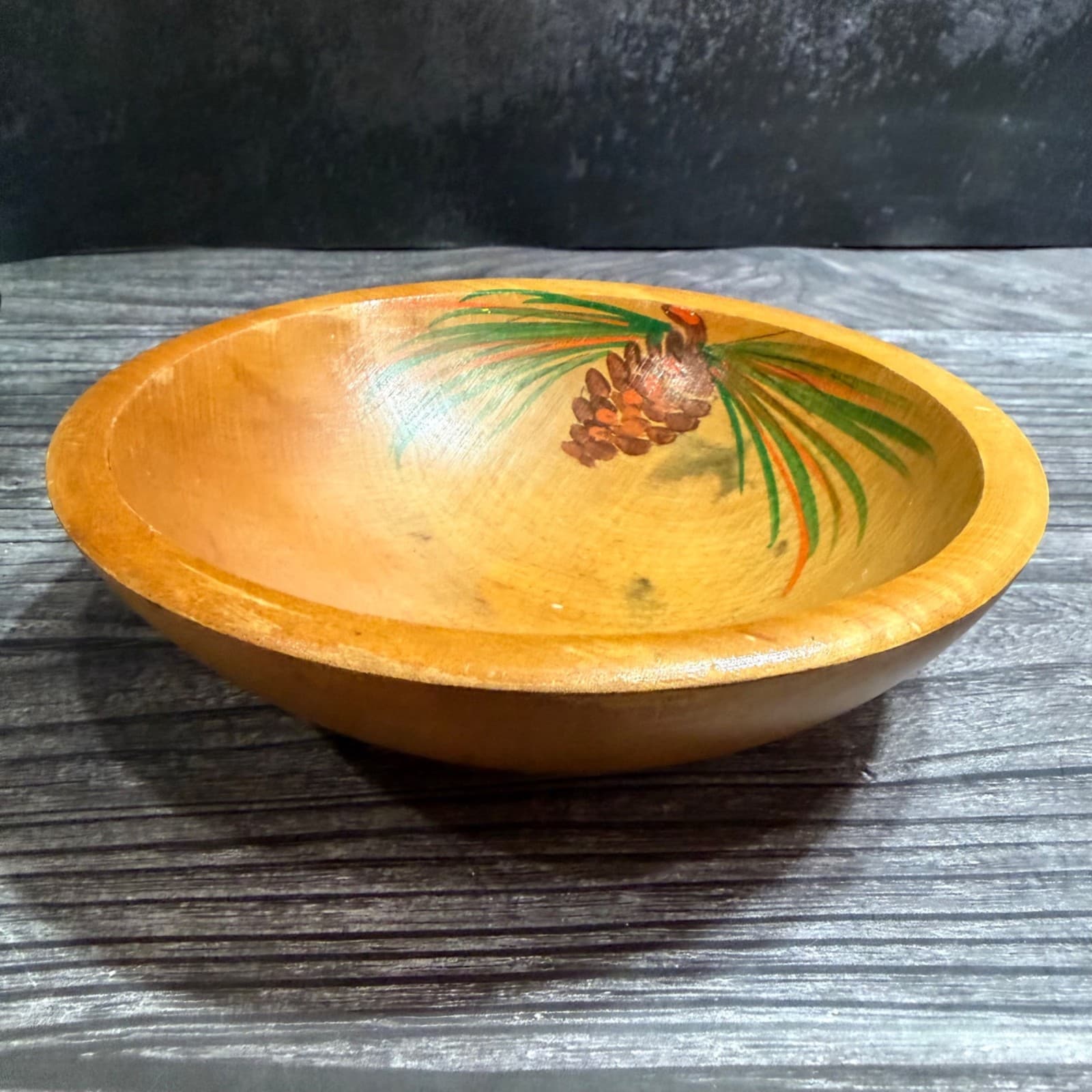 6” Hand Carved Vintage Wooden Bowl With Painted Pinecone Design - Thumbnail 2