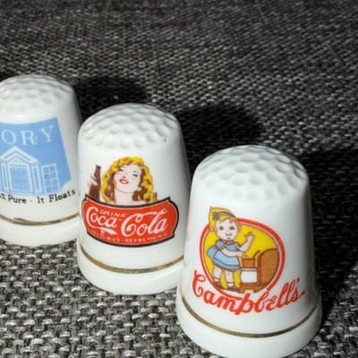 6 Porcelain Thimbles- Morton salt, Campbells, Coca Cola, Bon Ami, A&H and Ivory - Thumbnail 4