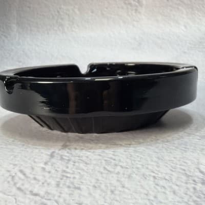 Vintage Black Round Ashtray 4.5” Across 3 Cigarette Slots Thick Glass MCM EUC