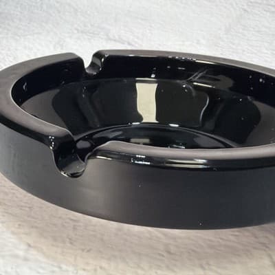 Vintage Black Round Ashtray 4.5” Across 3 Cigarette Slots Thick Glass MCM EUC - Thumbnail 4