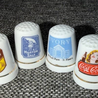 6 Porcelain Thimbles- Morton salt, Campbells, Coca Cola, Bon Ami, A&H and Ivory - Thumbnail 3