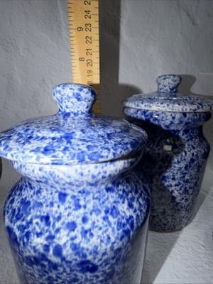 Set of 3 Spongeware Blue Ceramic Canisters Speckled Farm Style Small Medium Larg - Thumbnail 13