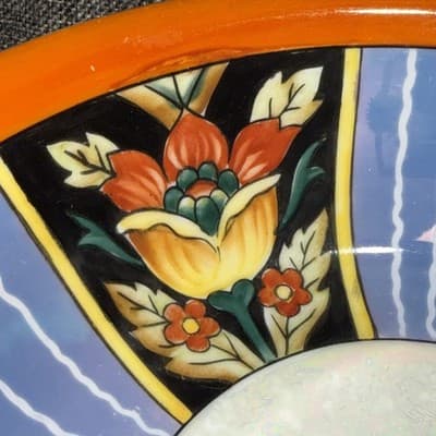 Vintage Japanese Lusterware Porcelain Bowl Art Deco Floral Orange Blue Sakura 9” - Thumbnail 4