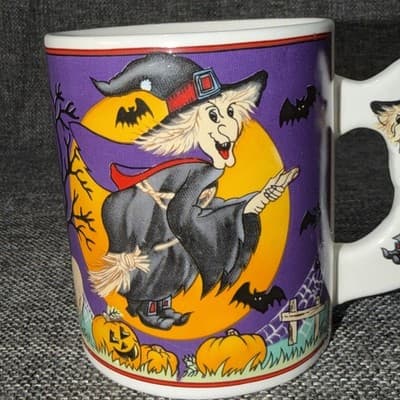 Vintage Halloween Coffee Tea Mug Ceramic Flying Witch Broom Bats Witch Handle - Thumbnail 3