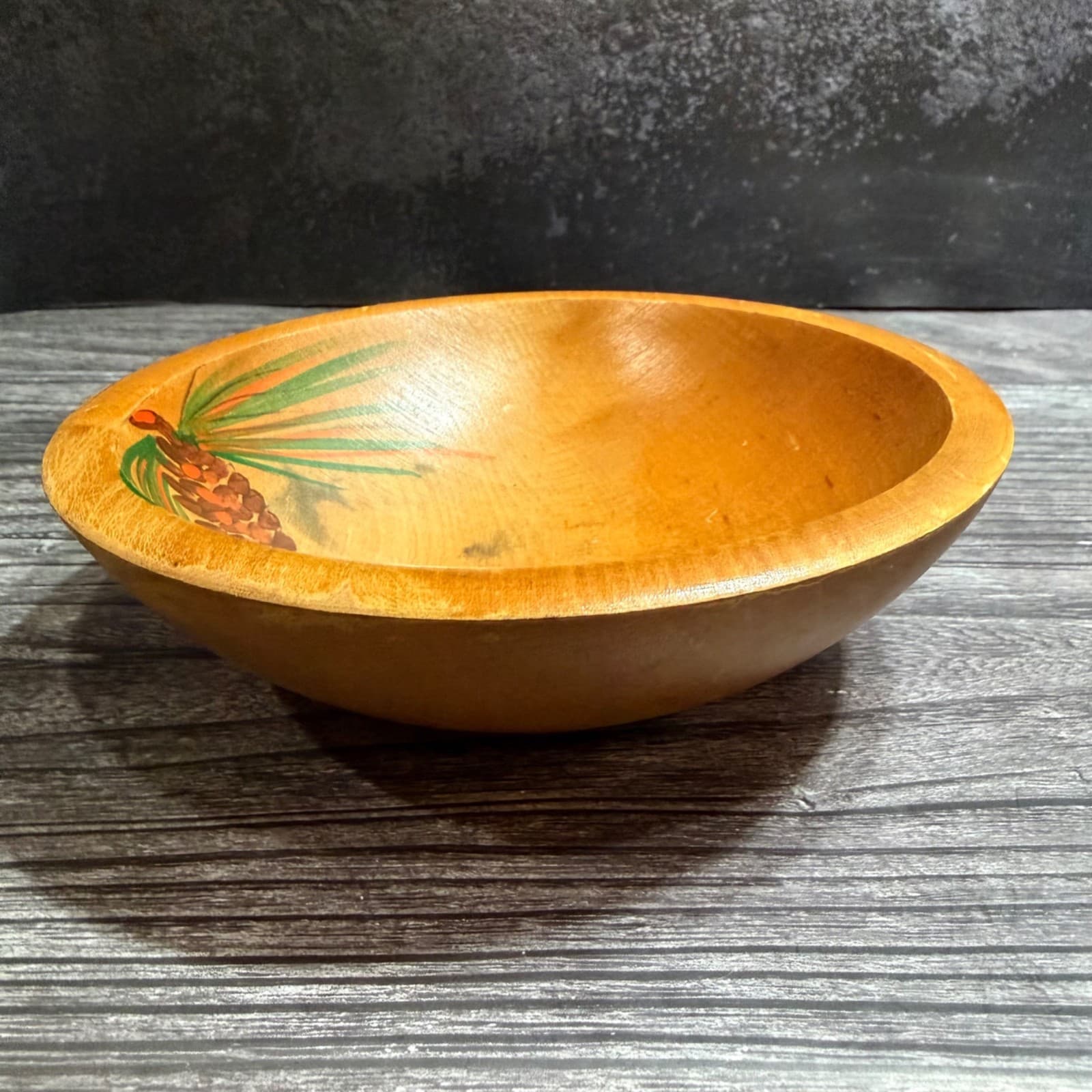 6” Hand Carved Vintage Wooden Bowl With Painted Pinecone Design - Thumbnail 3