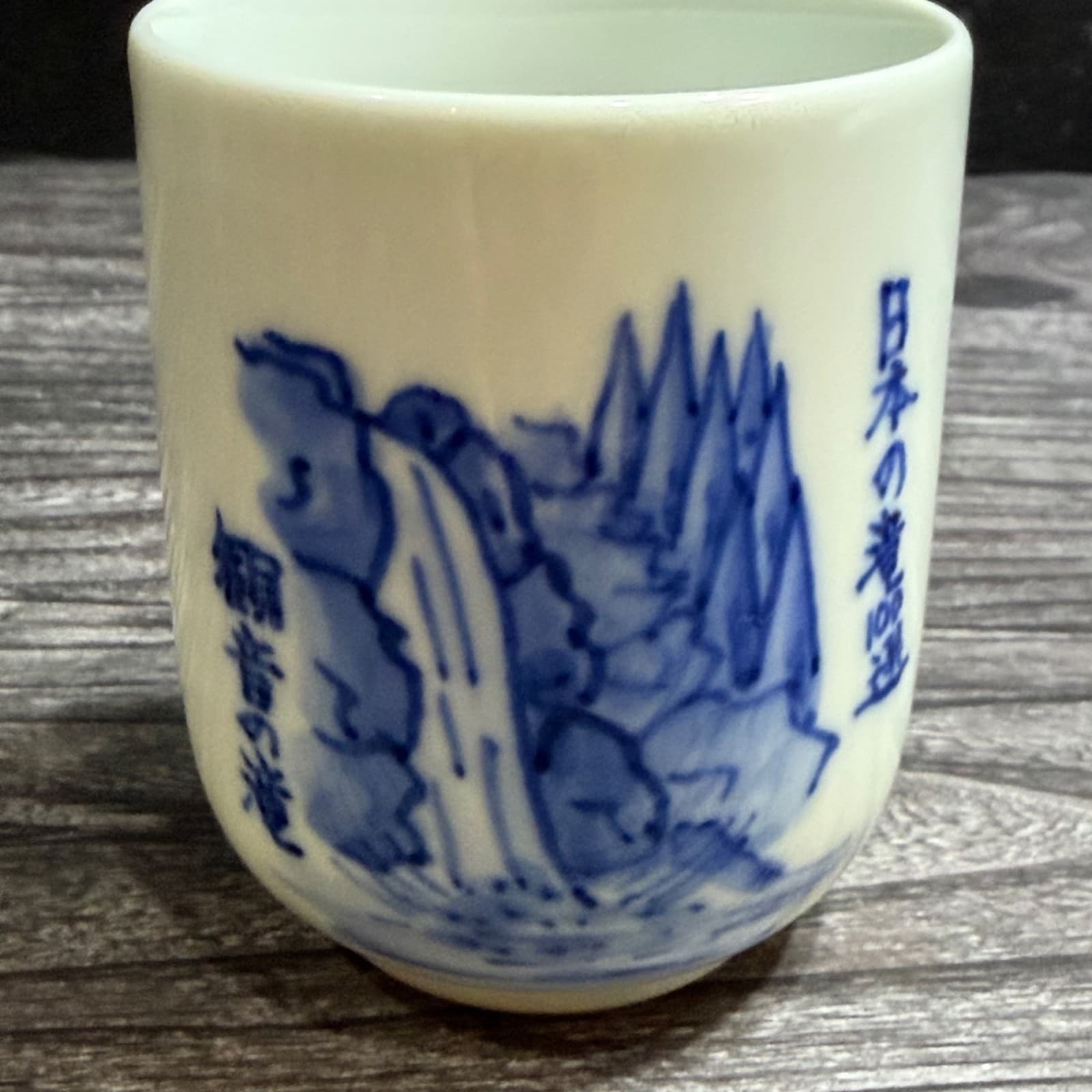 Porcelain Cup Blue Japanese Waterfall Kan'on Falls Japans Top 100 Waterfalls VTG