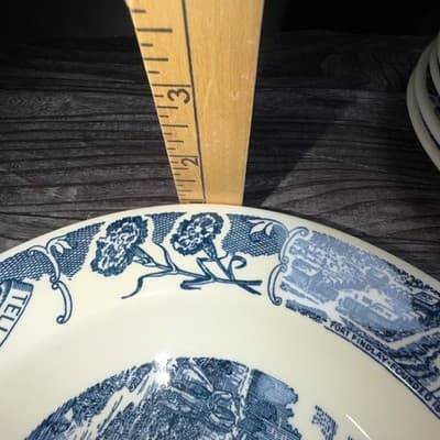 VTG Set 6 Blue Transferware Findlay Ohio Old Mill Stream Plate College Music - Thumbnail 11