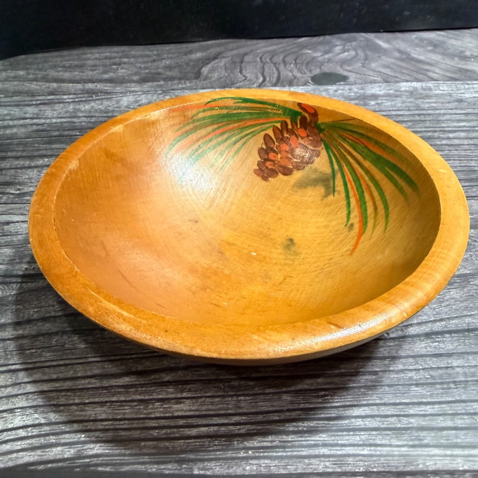 6” Hand Carved Vintage Wooden Bowl With Painted Pinecone Design