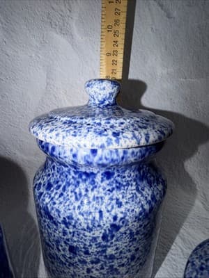 Set of 3 Spongeware Blue Ceramic Canisters Speckled Farm Style Small Medium Larg - Thumbnail 14