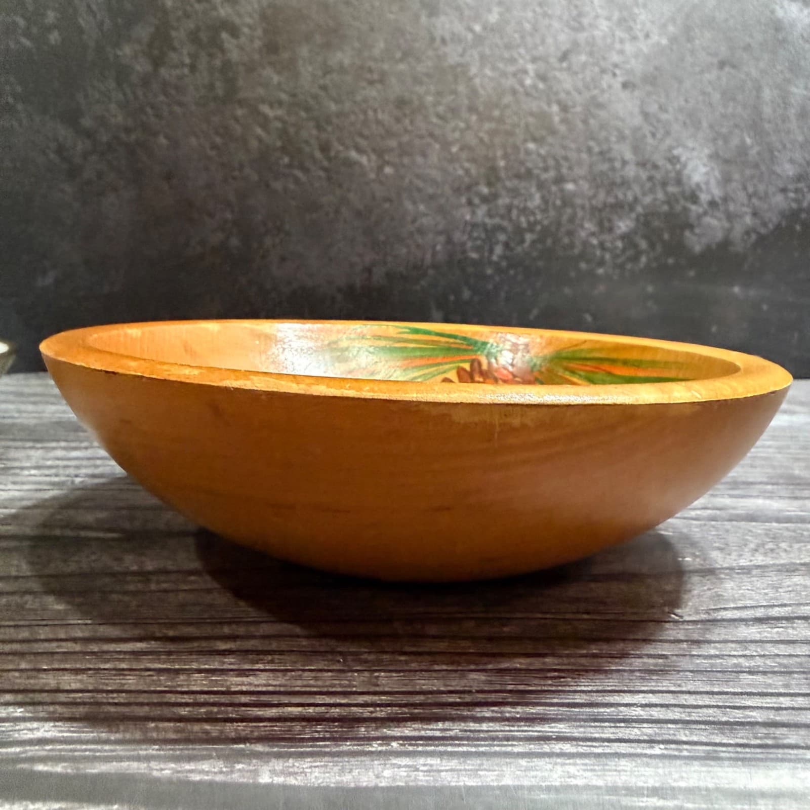 6” Hand Carved Vintage Wooden Bowl With Painted Pinecone Design - Thumbnail 5