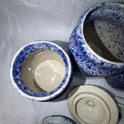 Set of 3 Spongeware Blue Ceramic Canisters Speckled Farm Style Small Medium Larg - Thumbnail 6
