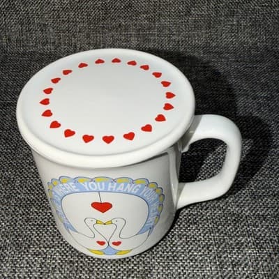 Vtg 1980’s Goose Blue Double Duck Geese Country Ceramic Mug Giftco Heart Lid - Thumbnail 2