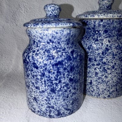 Set of 3 Spongeware Blue Ceramic Canisters Speckled Farm Style Small Medium Larg - Thumbnail 2