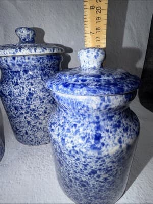 Set of 3 Spongeware Blue Ceramic Canisters Speckled Farm Style Small Medium Larg - Thumbnail 12