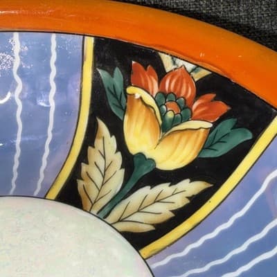 Vintage Japanese Lusterware Porcelain Bowl Art Deco Floral Orange Blue Sakura 9” - Thumbnail 5