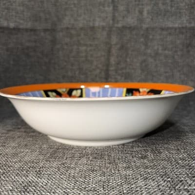 Vintage Japanese Lusterware Porcelain Bowl Art Deco Floral Orange Blue Sakura 9” - Thumbnail 2