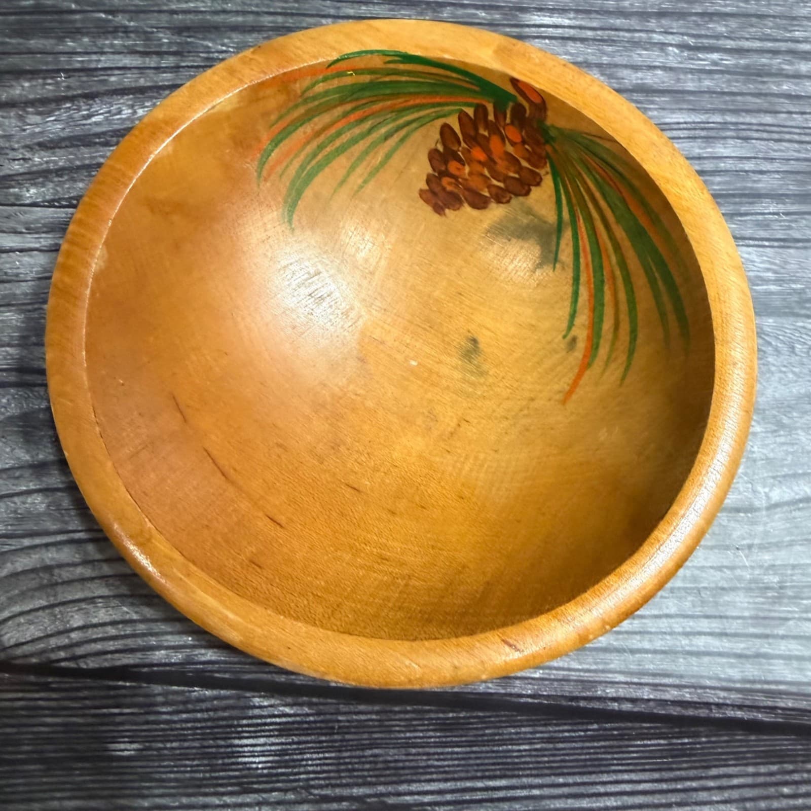 6” Hand Carved Vintage Wooden Bowl With Painted Pinecone Design - Thumbnail 4
