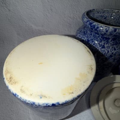Set of 3 Spongeware Blue Ceramic Canisters Speckled Farm Style Small Medium Larg - Thumbnail 9