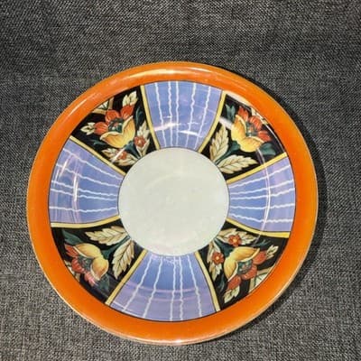 Vintage Japanese Lusterware Porcelain Bowl Art Deco Floral Orange Blue Sakura 9” - Thumbnail 3