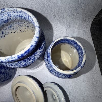 Set of 3 Spongeware Blue Ceramic Canisters Speckled Farm Style Small Medium Larg - Thumbnail 8