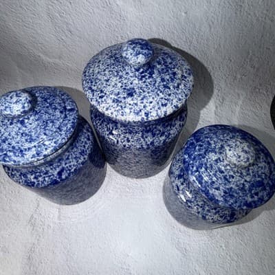 Set of 3 Spongeware Blue Ceramic Canisters Speckled Farm Style Small Medium Larg - Thumbnail 4
