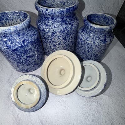 Set of 3 Spongeware Blue Ceramic Canisters Speckled Farm Style Small Medium Larg - Thumbnail 5